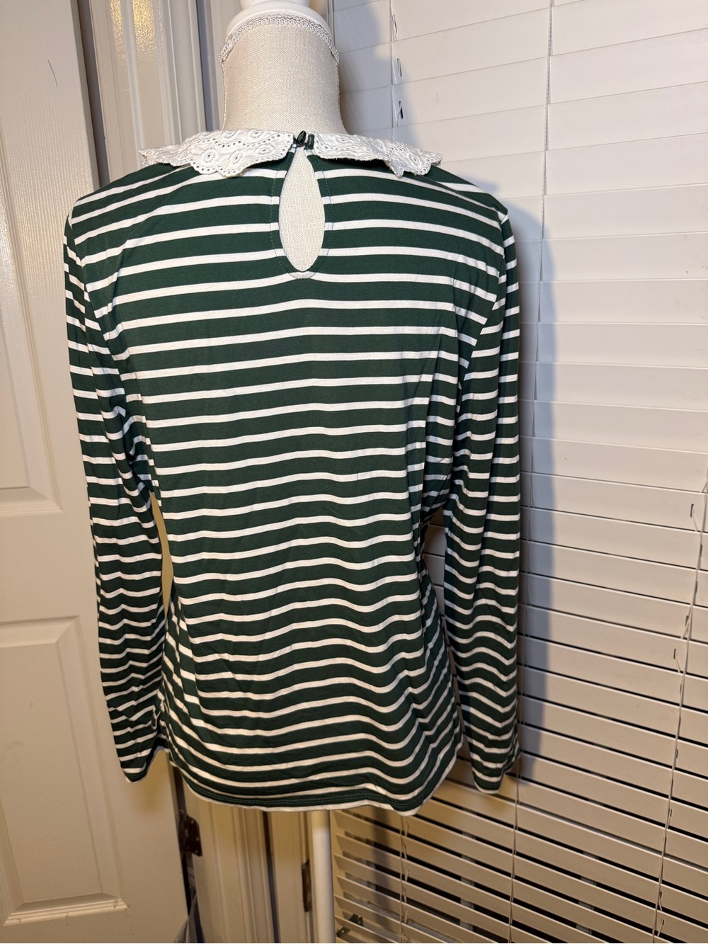 Boden Green and White Striped Long-Sleeve Top with Lace Collar - Picture 6 of 6